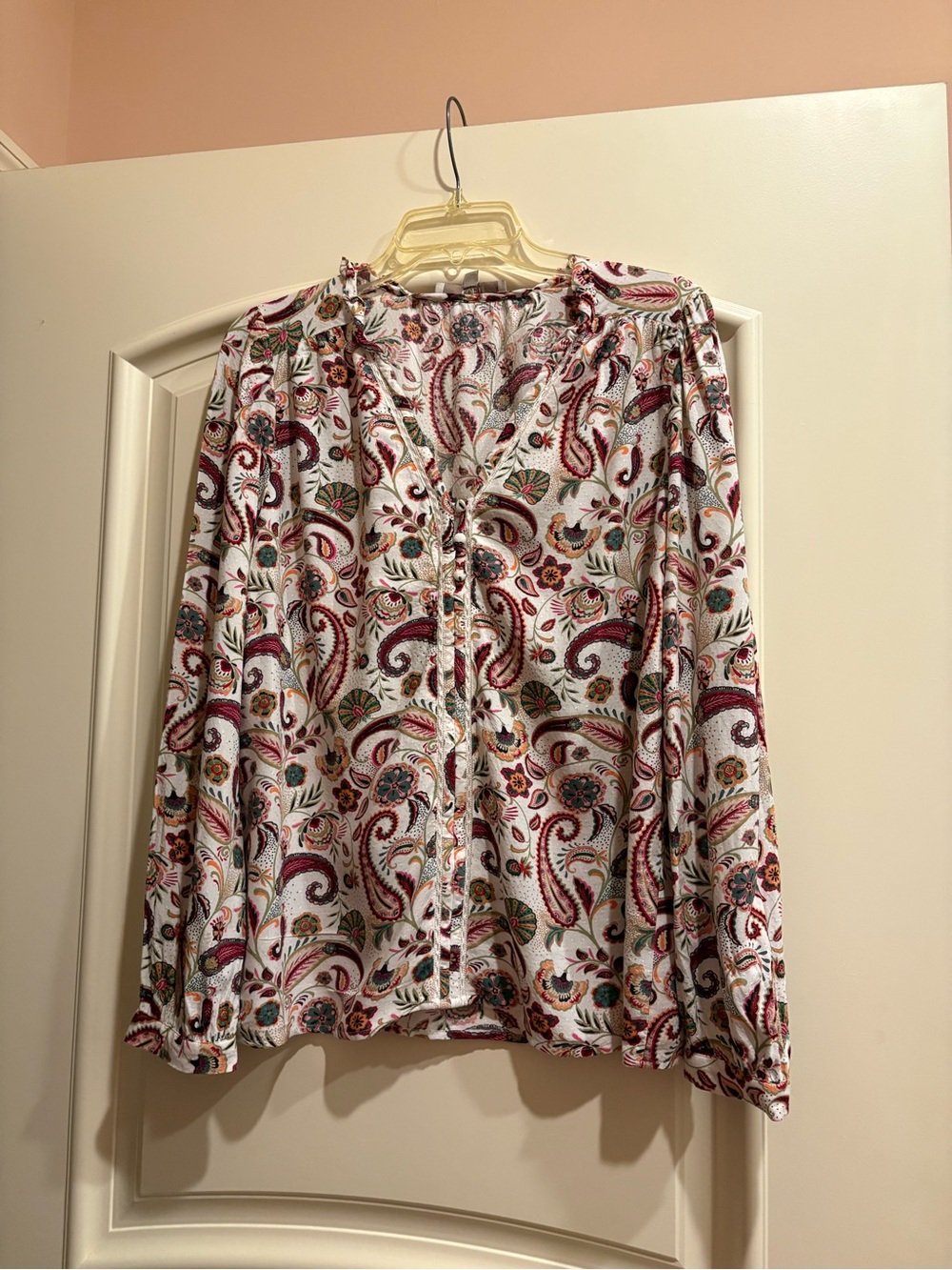 LOFT White Paisley Button-Front Blouse with Burgundy and Green Accents